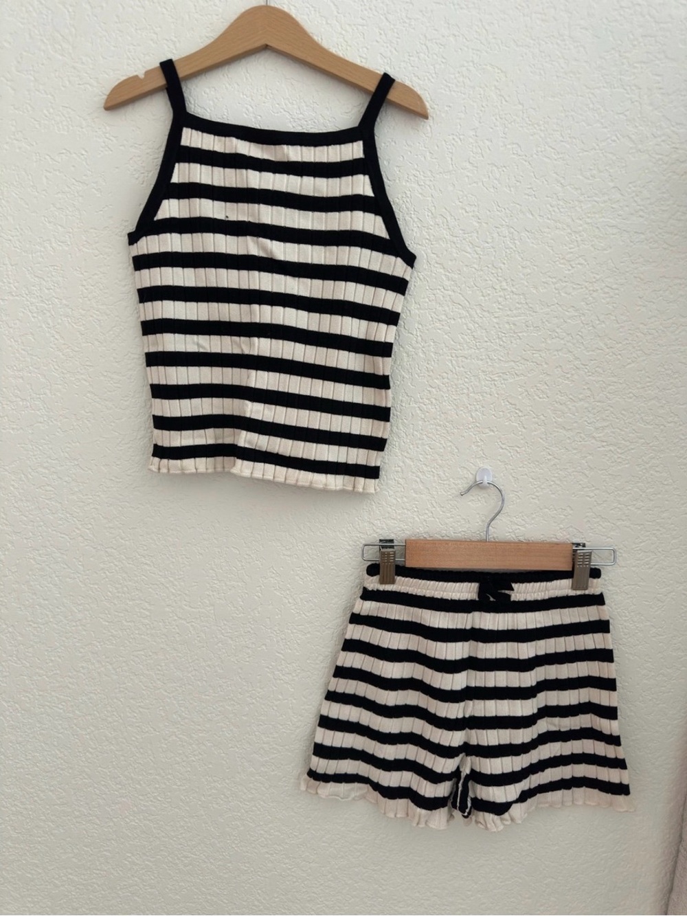 H&M Black and Cream Striped Ribbed Tank & Shorts Set